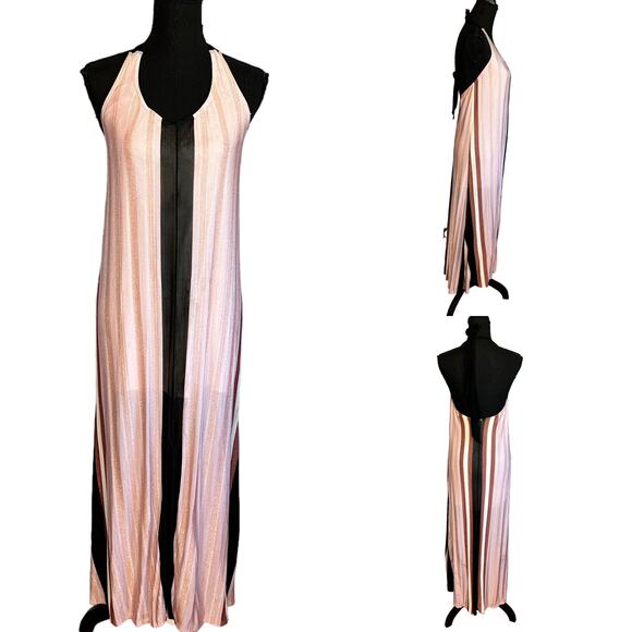 PilyQ Pink Black Striped Glitter Maxi Halter Dress MEDIUM /LARGE Beach Faith NEW - Picture 9 of 11